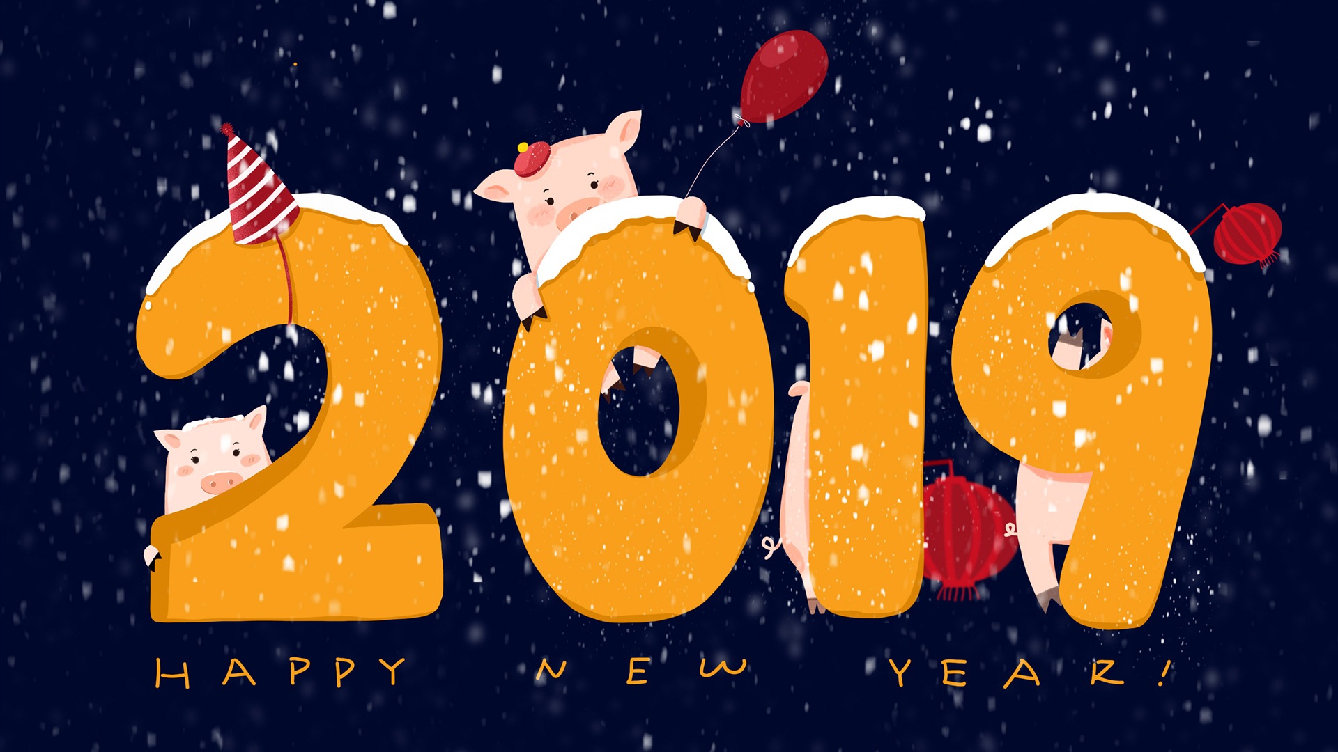 Happy New Year 2019 Winter Cute Pigs HD Wallpaper 1920x1080