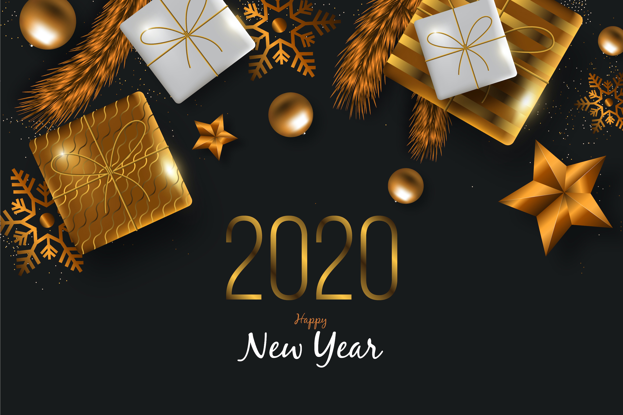 New Year 2020 Background with Realistic Golden Decoration