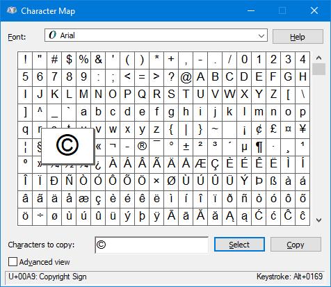 Copyright Symbol in Character Map