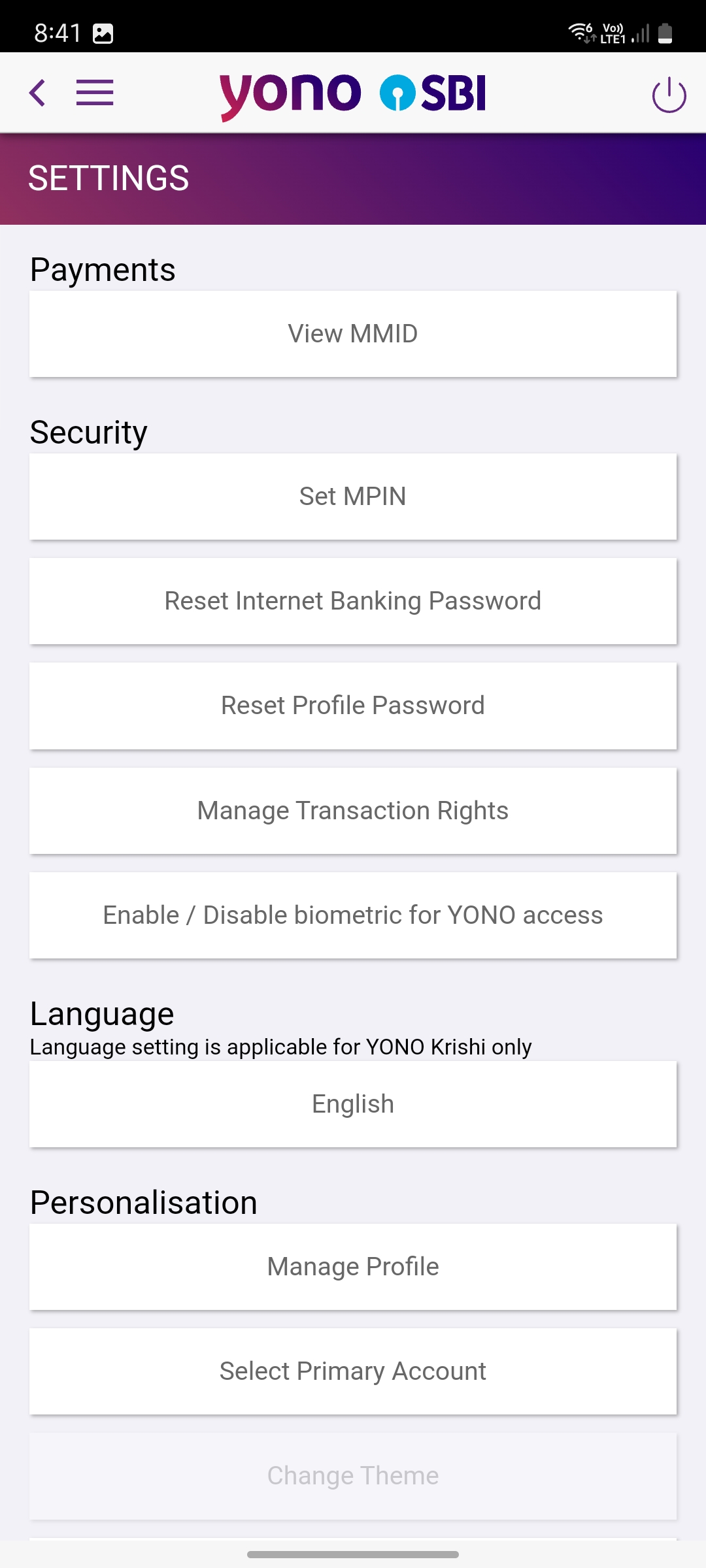 Yono SBI - Settings