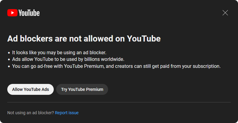 Ad blockers are not allowed on YouTube