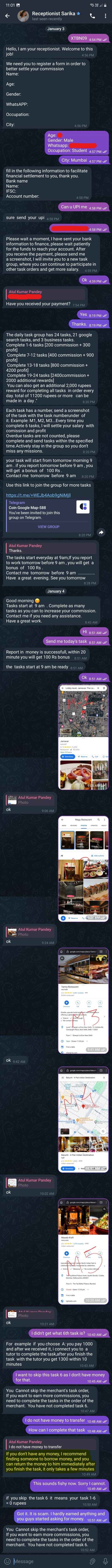 Telegram job scam receptionist chat