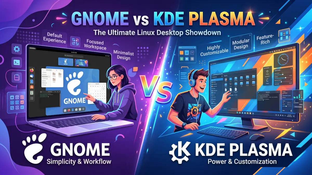 Comparison of GNOME and KDE Plasma desktop environments showing user interface, performance, customization, and Linux desktop features.
